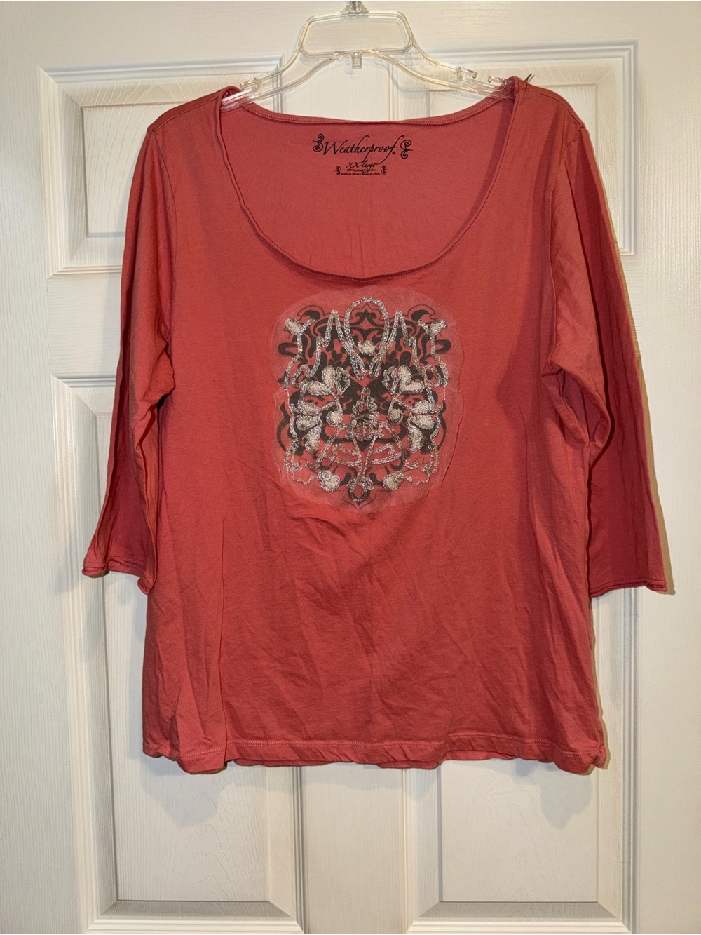 Weatherproof Coral Scoop Neck Embellished Long Sleeve Top
